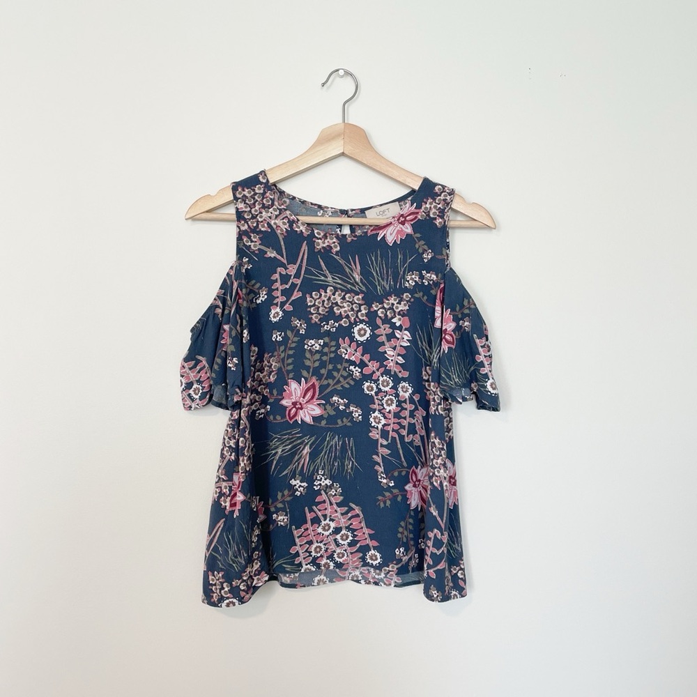 Loft • Blue & Pink Floral Cold Shoulder Top